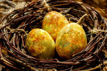 Three Easter eggs lie in a black nest of branches. Eggs are realistically colored and look like...