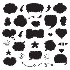 Think and talk speech bubbles. Artistic collection of hand drawn doodle style comic balloon, cloud and heart. Vector illustration in sketch style.