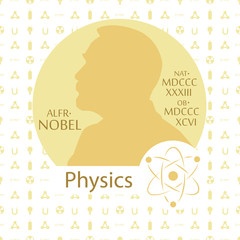 Stylized Nobel medal. Silhouette of Nobel in a flat style. Seamless pattern with elements on a physics theme. Vector illustration