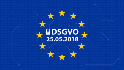 DSGVO Banner mit Vorhängeschloss, EU-Flagge mit Bits und Schaltplan