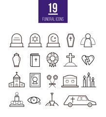 Ritual line style vector icons. Funeral objects set