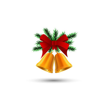 Two golden bells with Christmas tree branches. Vector