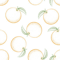 Seamless pattern from outline oranges with leaves