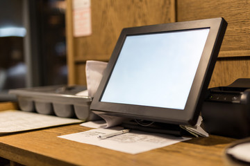 Point of sale POS touchscreen terminal.  Tablet for waiter to make and send orders.  Cafe administrator table with mobile printer and hall scheme. White empty screen for copy space