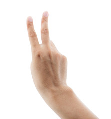 man raising two fingers up on hand it is shows peace strength fight or victory symbol and letter V in sign language on white background, clipping part