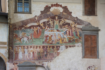 Clusone (Bergamo, Lombardy, Italy) - Oratorio dei Disciplini (14th century), detail of the ancient fresco of the Danza Macabra (Dance of the Death) and Trionfo della Morte (Triumph of the Death)