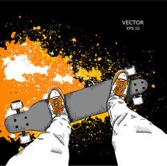 Skateboarder on a skateboard. Grunge background with blots. Vector illustration