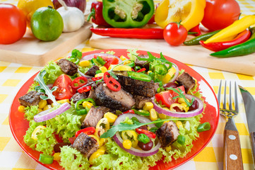 Mexican spicy beef salad on the plate. Grilled beef meat with tasty selection of vegetables.