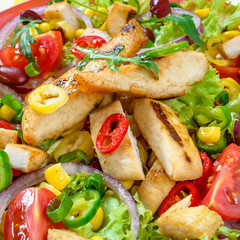 Mexican spicy chicken salad on the plate. Grilled chicken meat with tasty selection of vegetables.