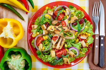 Mexican spicy chicken salad on the plate. Grilled chicken meat with tasty selection of vegetables.