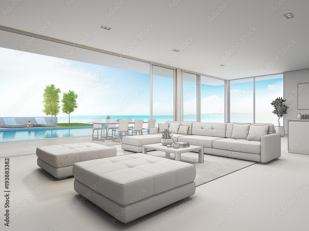 Wall mural outdoor dining and sea view living room of luxury beach house with terrace near swimming pool in mod