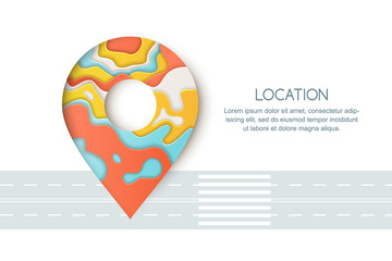 Road way location and GPS navigation concept. Paper cut style vector colorful illustration of pin map symbol, waypoint marker.