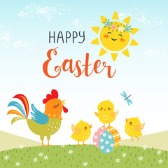 Easter background of cute chicks with happy sun and hand drawn text. © fireflamenco