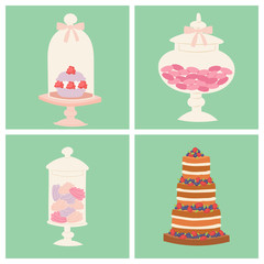 Wedding cakes fresh tasty dessert sweet pastry pie card gourmet homemade delicious cream traditional bakery tart vector illustration.