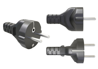 Power plug on white background. Black plug power. 3D rendering.