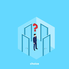 a man in a business suit stands in a room with four doors and thinks which one to go to, an isometric image