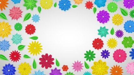 Background of colorful paper flowers with shadows in shape of heart