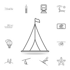 Tourist tent with flag line icon. Set of Tourism and Leisure icons. Signs, outline furniture collection, simple thin line icons for websites, web design, mobile app, info graphics