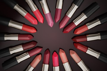 Many lipsticks in circle. 3D rendered illustration.