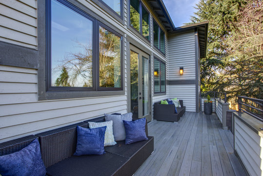 New construction home exterior boasts luxury deck