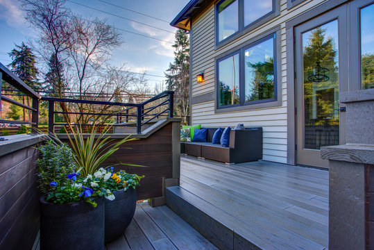 New construction home exterior boasts luxury deck