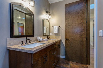 Stylish bathroom interior with double vanity cabinet