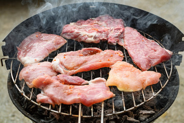 Grilled meat, pork, beef and chicken meat on barbecue, grill. Shallow depth of field.
