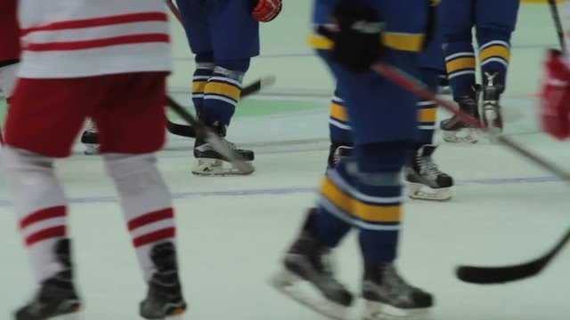 Opposing Hockey Teams Playing Match, Players Body Checking Rivals On Ice Rink