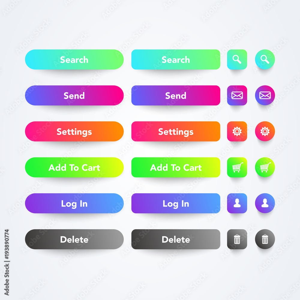 Poster Vector illustration set of clean colorful web app buttons with symbols, text and cool gradient color in different sizes