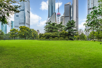 Obraz na płótnie Canvas green lawn with city skyline background, shanghai china