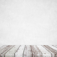 Empty perspective vintage white wood and white cement wall background, room, table top, shelf for product display montage background