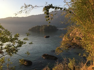 Sea view with bamboo leaves in front