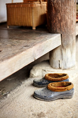 Fototapeta na wymiar Rubber shoes. Korean Folk Village in the city of Yongin, South Korea.