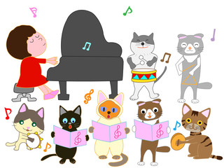 猫のコンサート。猫たちが楽器を演奏している。