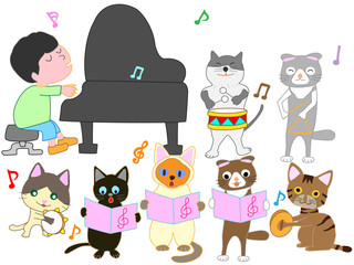 Obraz na płótnie Canvas 猫のコンサート。猫たちが楽器を演奏している。