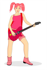 girl in pink playing guitar anime illustration