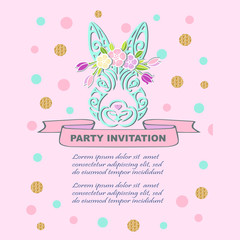Bunny Head with floral wreath isolated on background. Rabbit head as Baby shower & Easter logo, pet shop, badge. Template for Baby Birthday, Easter Day, party invitation, greeting card, baby shower.