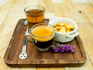 Espresso Coffee set on  wooden background.