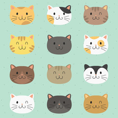 Fototapeta premium cute cats face cartoon vector collection. cute cats with different expressions vector pack