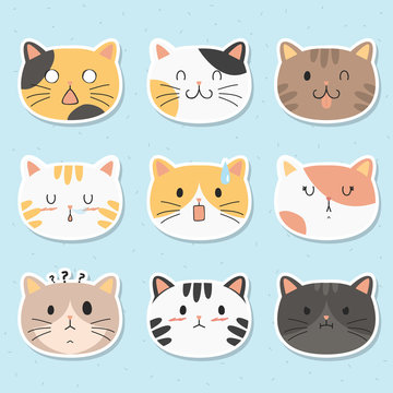 cute cats face stickers pack. cute cats with different emotions cartoon vector pack. printable stickers template vector.
