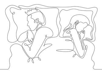 Continuous line drawing. Beautiful couple in sleeping pose on pillows. Vector illustration