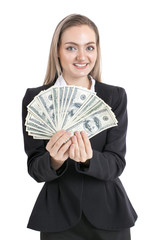 Businesswoman holding money with smile isolated on white background.