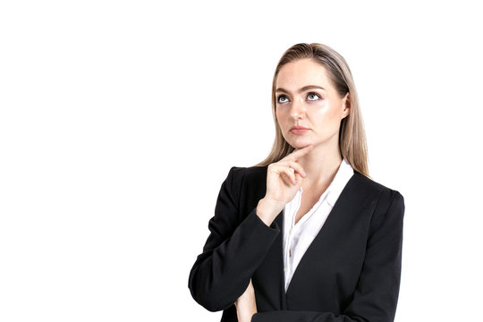 Businesswoman Standing And Thinking For Work Isolated On White Background.