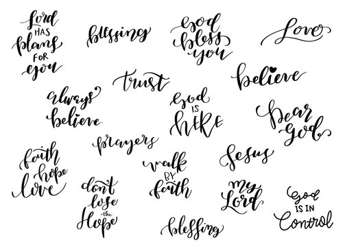 A set of Vector Bible Calligraphy, Faith Hand Lettering, Modern Script Font Lettering, Church Quotes, Vector Poster with Modern Calligraphy