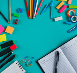group of colorful office tools