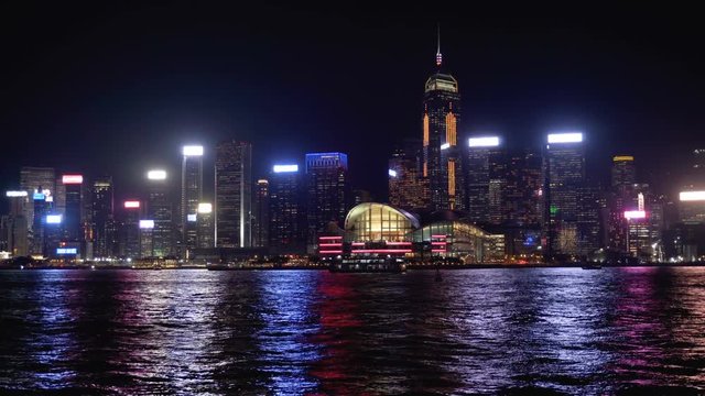 Hong Kong skyline at night. Victoria Harbor and skyscrapers