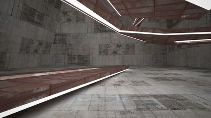 Empty smooth abstract room interior of sheets rusted metal and brown concrete. Architectural background. Night view of the illuminated. 3D illustration and rendering