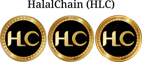 Fototapeta na wymiar Set of physical golden coin HalalChain (HLC)
