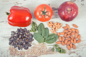 Vintage photo, Natural ingredients as source vitamin E, minerals and dietary fiber