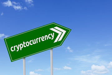 Green signpost with cryptocurrency word